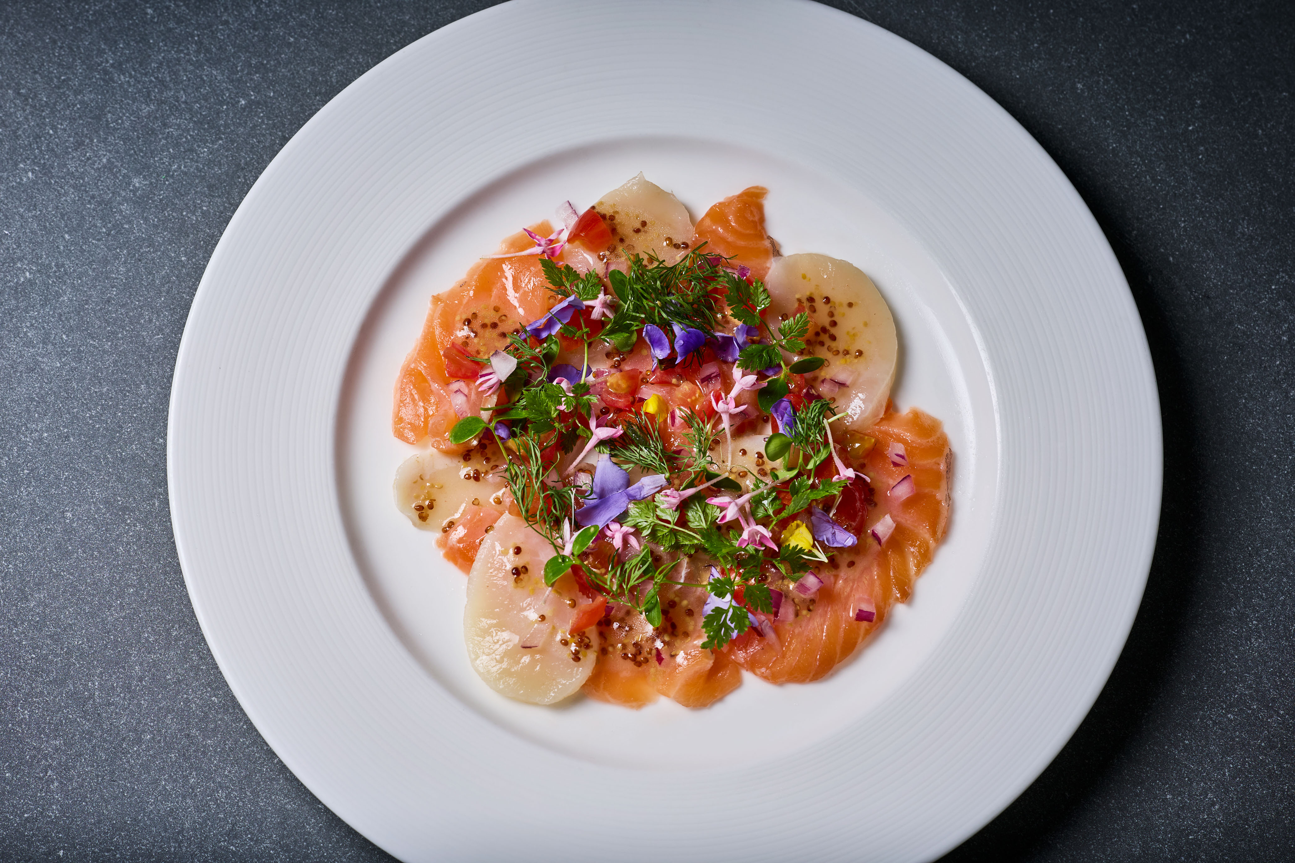 Salmon and ark shell carpaccioの画像